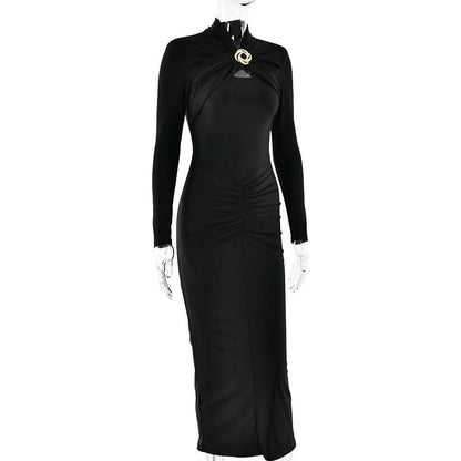 Hollow out long sleeve ruched slit solid cut out midi dress