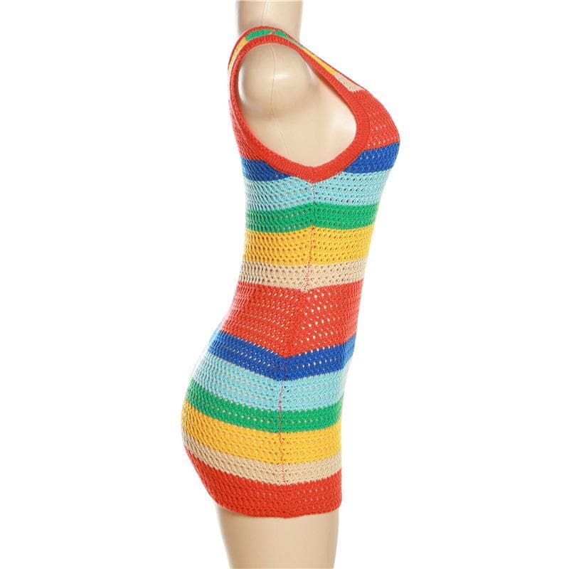 Striped Open-Knit Crochet Scoop Neck Tank Bodycon Mini Dress