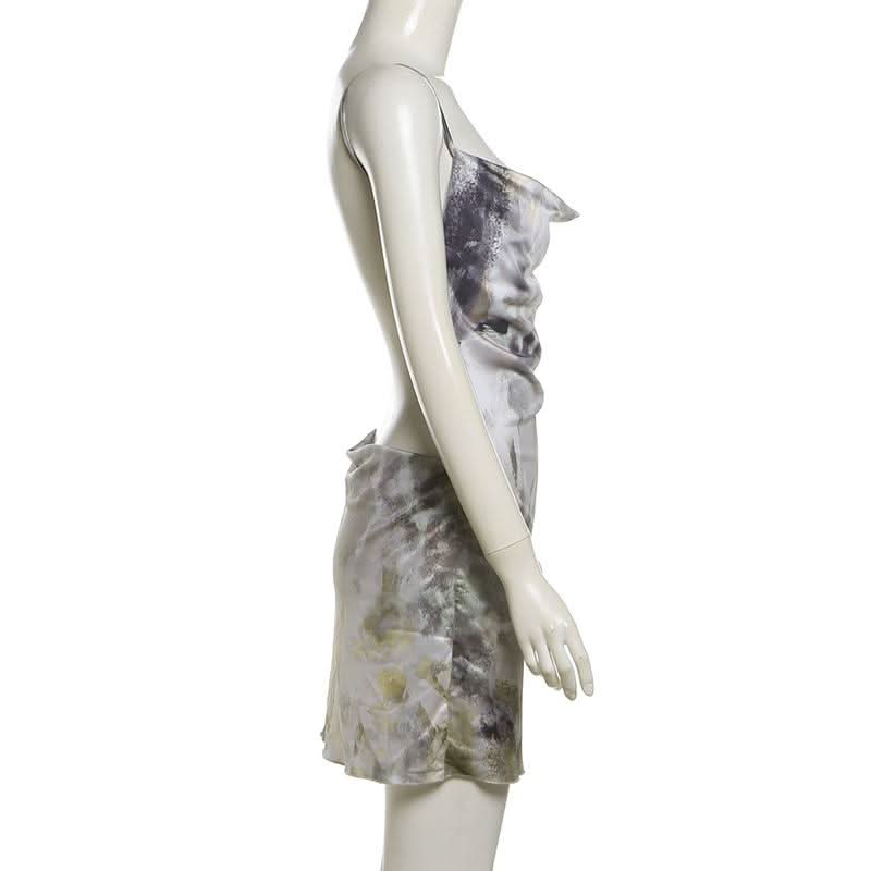 Cowl neck print backless contrast cami mini dress