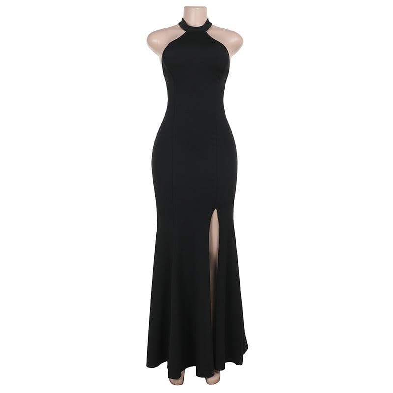 Halter backless high slit solid maxi dress