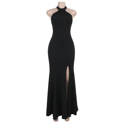 Halter backless high slit solid maxi dress