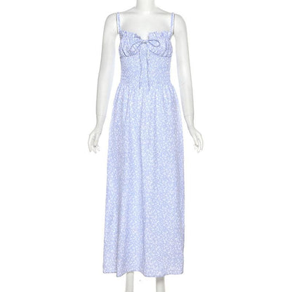 Smocked drawstring flower print backless cami maxi dress