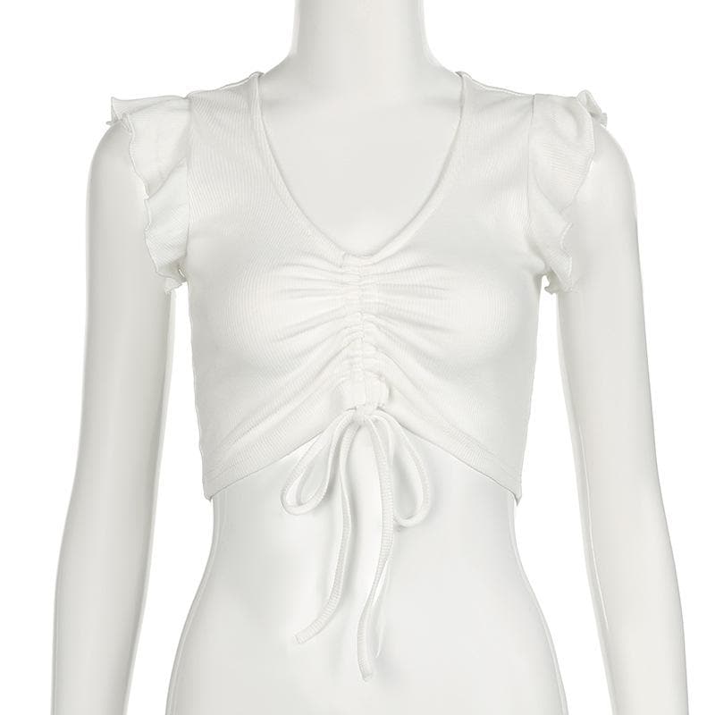 Cap sleeve drawstring ruched ribbed crop top
