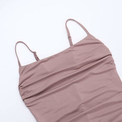 Ruched slit square neck solid cami maxi dress