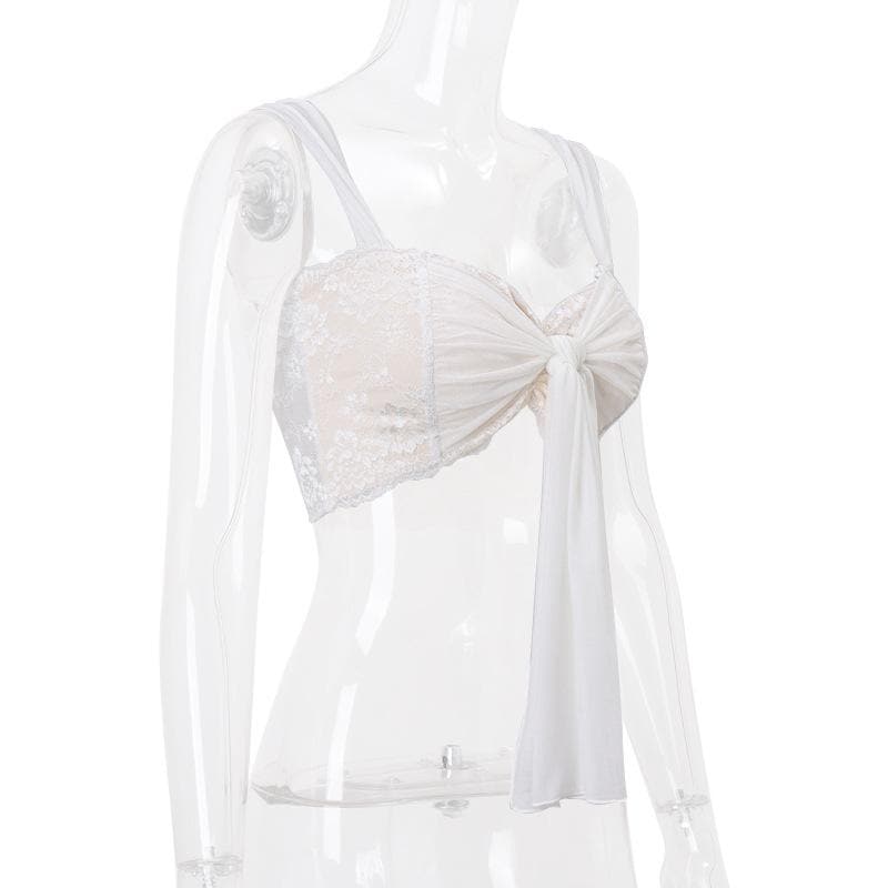 Lace mesh patchwork knotted crop cami top