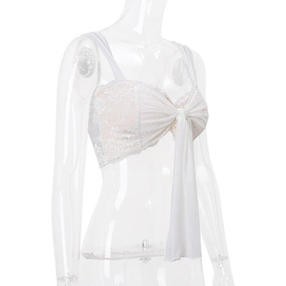 Lace mesh patchwork knotted crop cami top