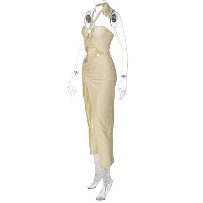 Halter drawstring solid slit hollow out o ring self tie cut out midi dress-final-sale