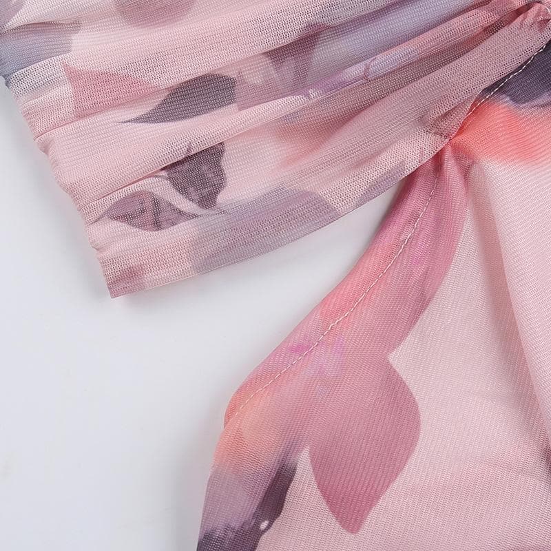 Halter drawstring ruched mesh print top