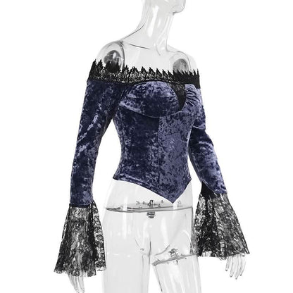 Off shoulder long flared sleeve velvet top