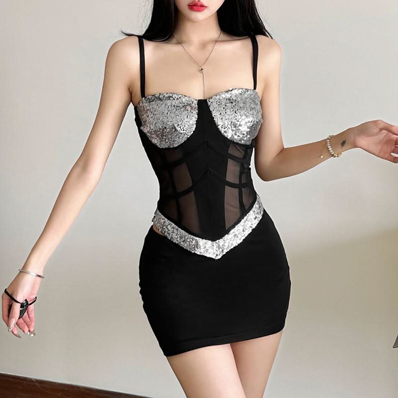 Glitter v neck mesh backless cami top