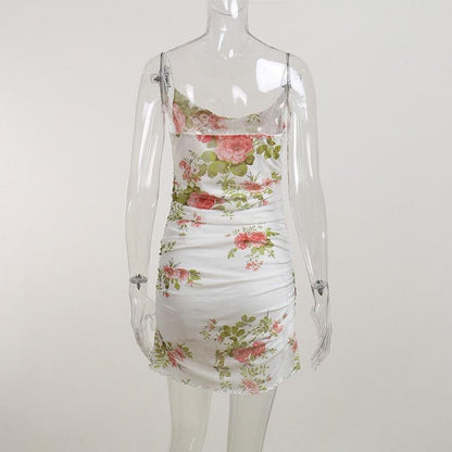 Cowl neck sheer mesh flower print ruffle cami mini dress