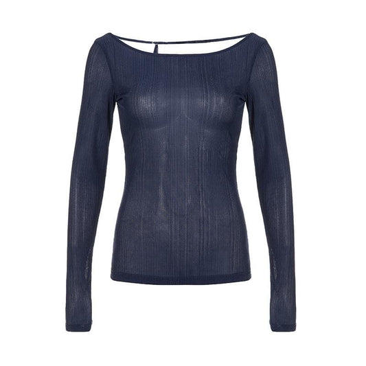 Self tie backless round neck long sleeve textured top