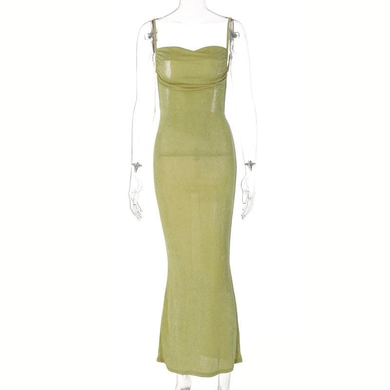 Square Neck Ruched Self Tie Backless Sleeveless Midi Dress