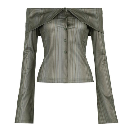 Striped off shoulder contrast long flared sleeve button top