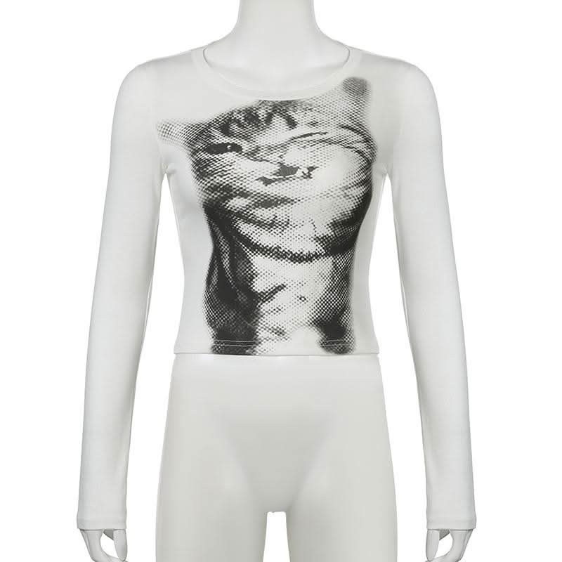 Long sleeve crewneck cat print top
