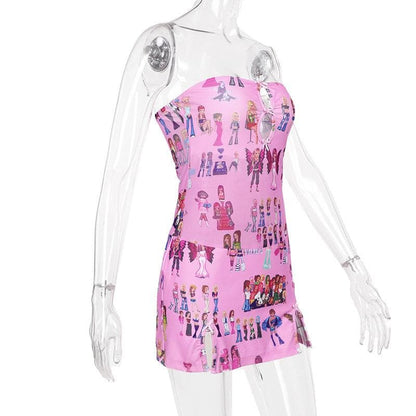 Hollow out bowknot print slit tube cut out mini dress