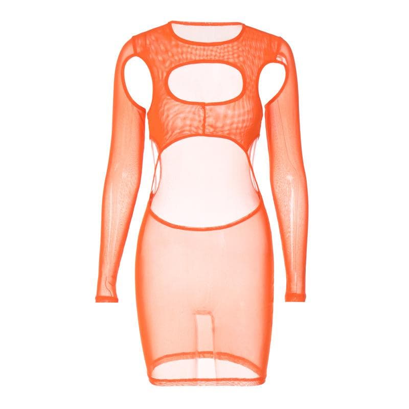 Hollow Out Sheer Mesh High Neck Long Sleeve Cutout Mini Dress