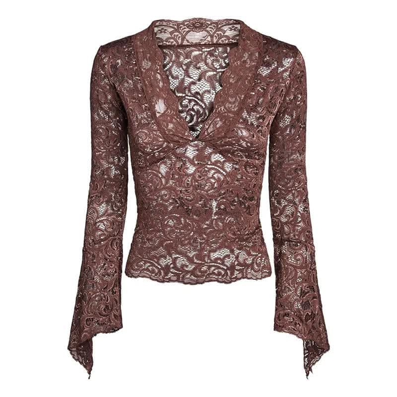 Flared sleeve v neck lace see through solid top-final-sale
