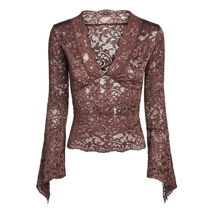 Flared sleeve v neck lace see through solid top-final-sale