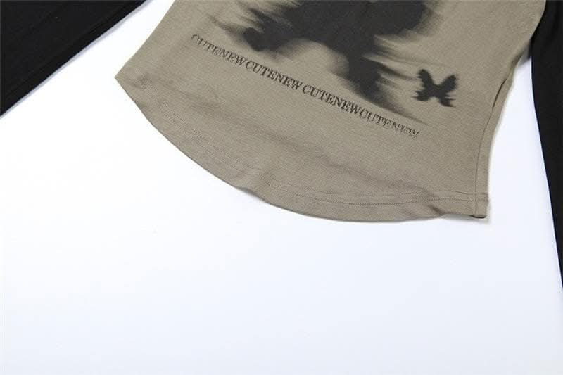 Butterfly pattern contrast off shoulder long sleeve top-final-sale