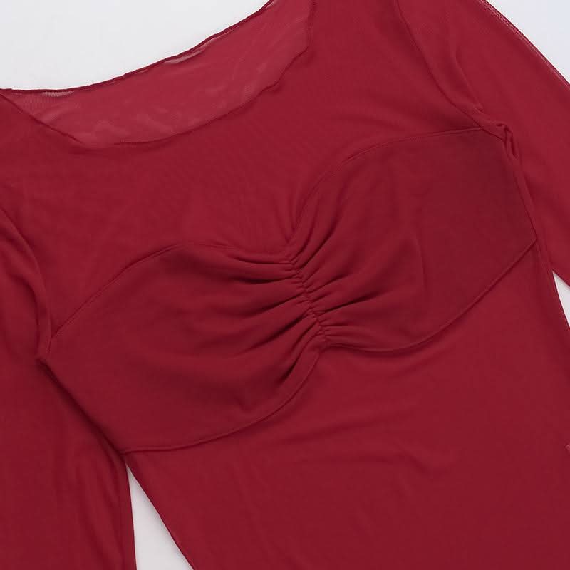 Long sleeve mesh ruched solid top