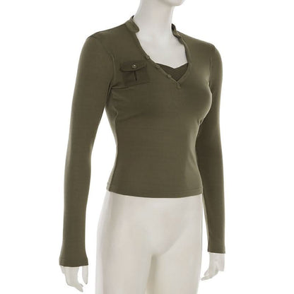 V neck long sleeve button top