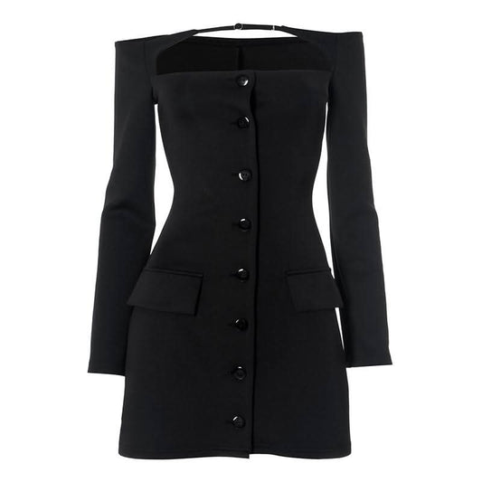 Off shoulder long sleeve button hollow out cut out mini dress