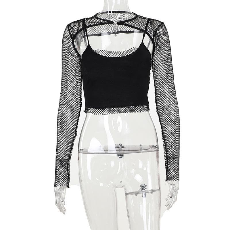 Long sleeve fishnet shrug cross applique 2 piece top