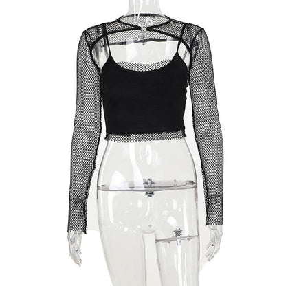 Long sleeve fishnet shrug cross applique 2 piece top