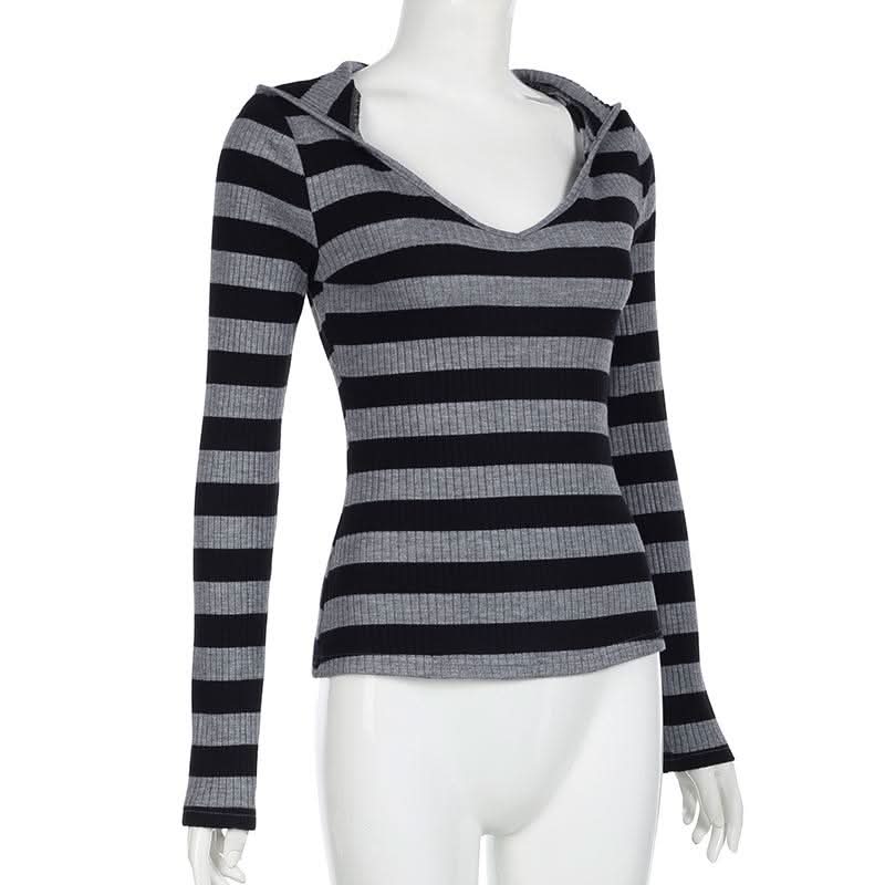 Hoodie v neck long sleeve striped knitted top