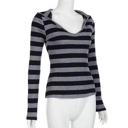 Hoodie v neck long sleeve striped knitted top