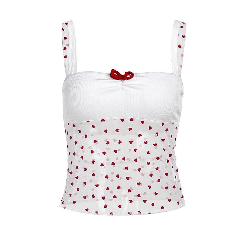Bowknot ruched heart print mesh cami top