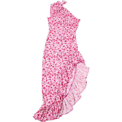 One shoulder knotted slit flower print ruffle maxi dress-final-sale