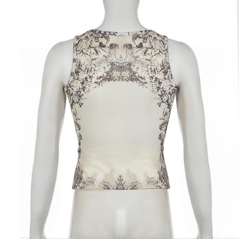 Sleeveless u neck print ribbed top