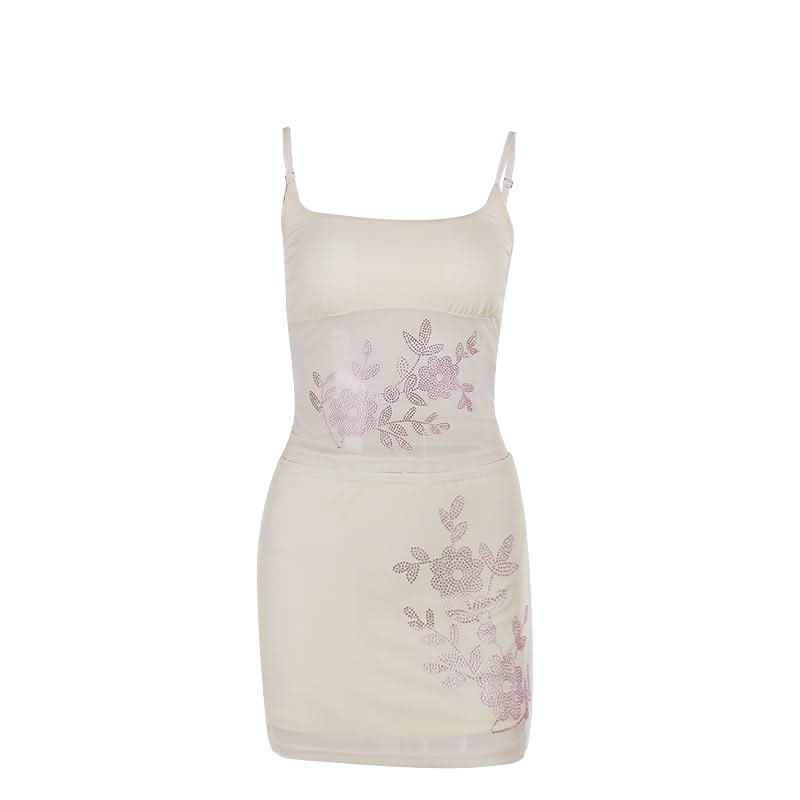 U neck beaded flower pattern mesh cami mini skirt set