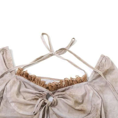 Long sleeve v neck hollow out lace hem halter cut out top