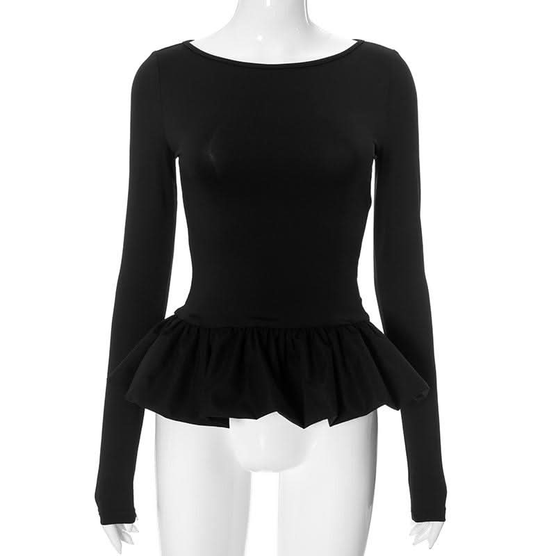 Ruched long sleeve round neck hollow out ruffle cut out top