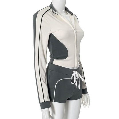 Zip-up Long sleeve drawstring low rise contrast pant set