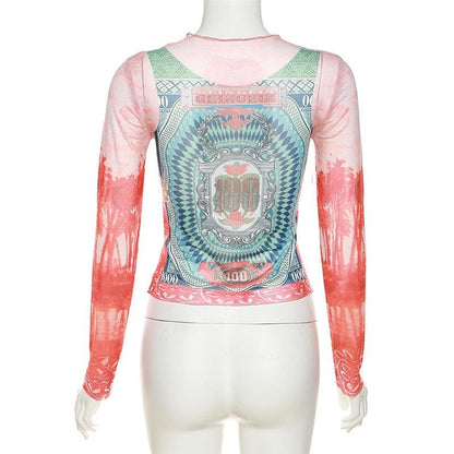 Long sleeve crewneck contrast abstract mesh top