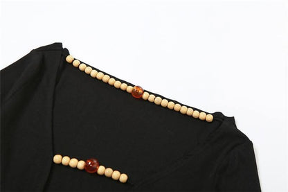 Beaded contrast long sleeve v neck ruched top-final-sale