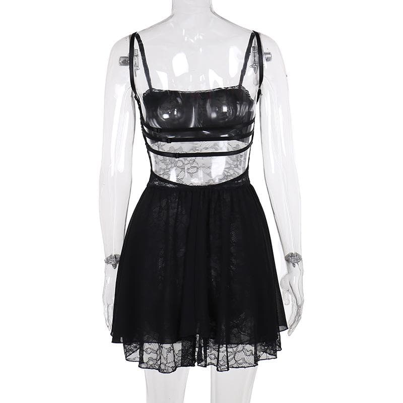 Patchwork lace ruched backless cami mini dress