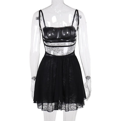 Patchwork lace ruched backless cami mini dress