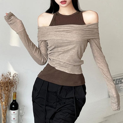 Contrast long sleeve 2-way off shoulder 2 piece top
