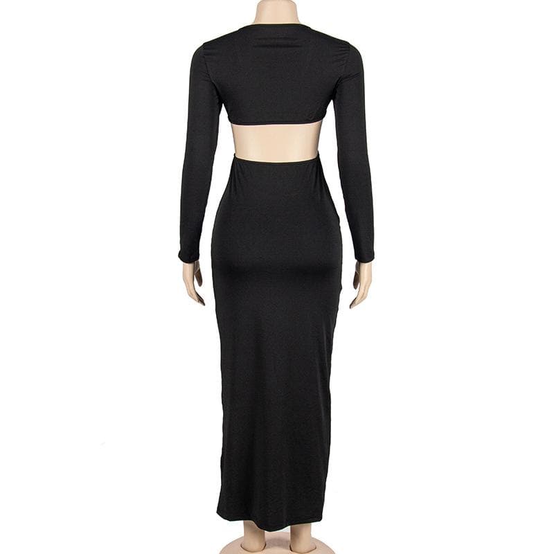 Solid o ring long sleeve v neck hollow out cut out maxi dress