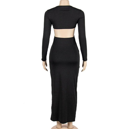 Solid o ring long sleeve v neck hollow out cut out maxi dress
