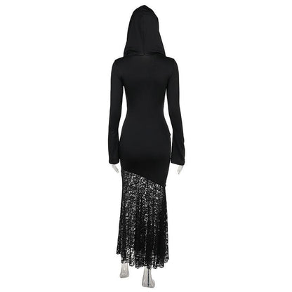 Long sleeve hoodie lace hem cross pattern maxi dress