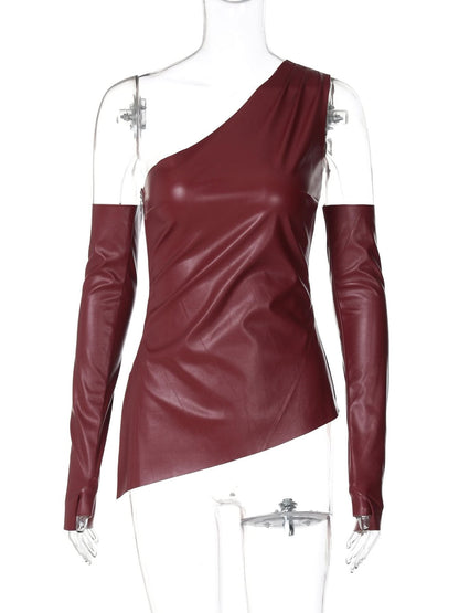 PU leather one shoulder gloves top
