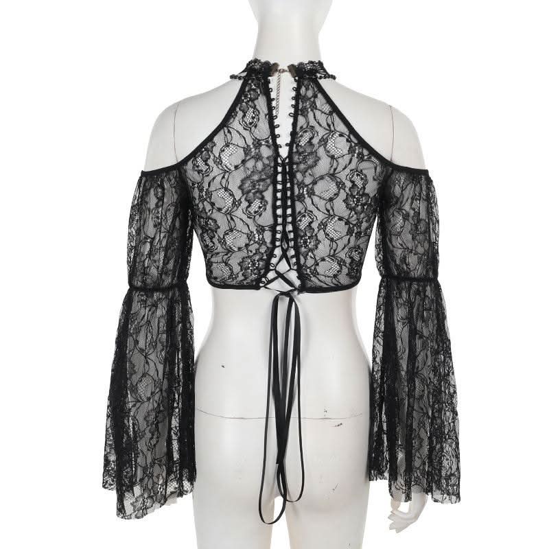 Long sleeve off shoulder lace hollow out shrug cut out top