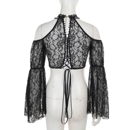 Long sleeve off shoulder lace hollow out shrug cut out top
