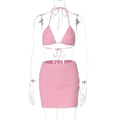 Textured halter self tie v neck solid mini skirt set